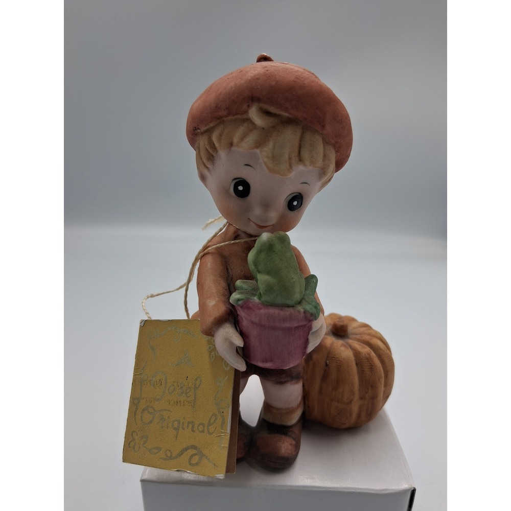Vintage Josef Originals Boy with Frog and Pumpkin Figurine Ceramic Fall Decor